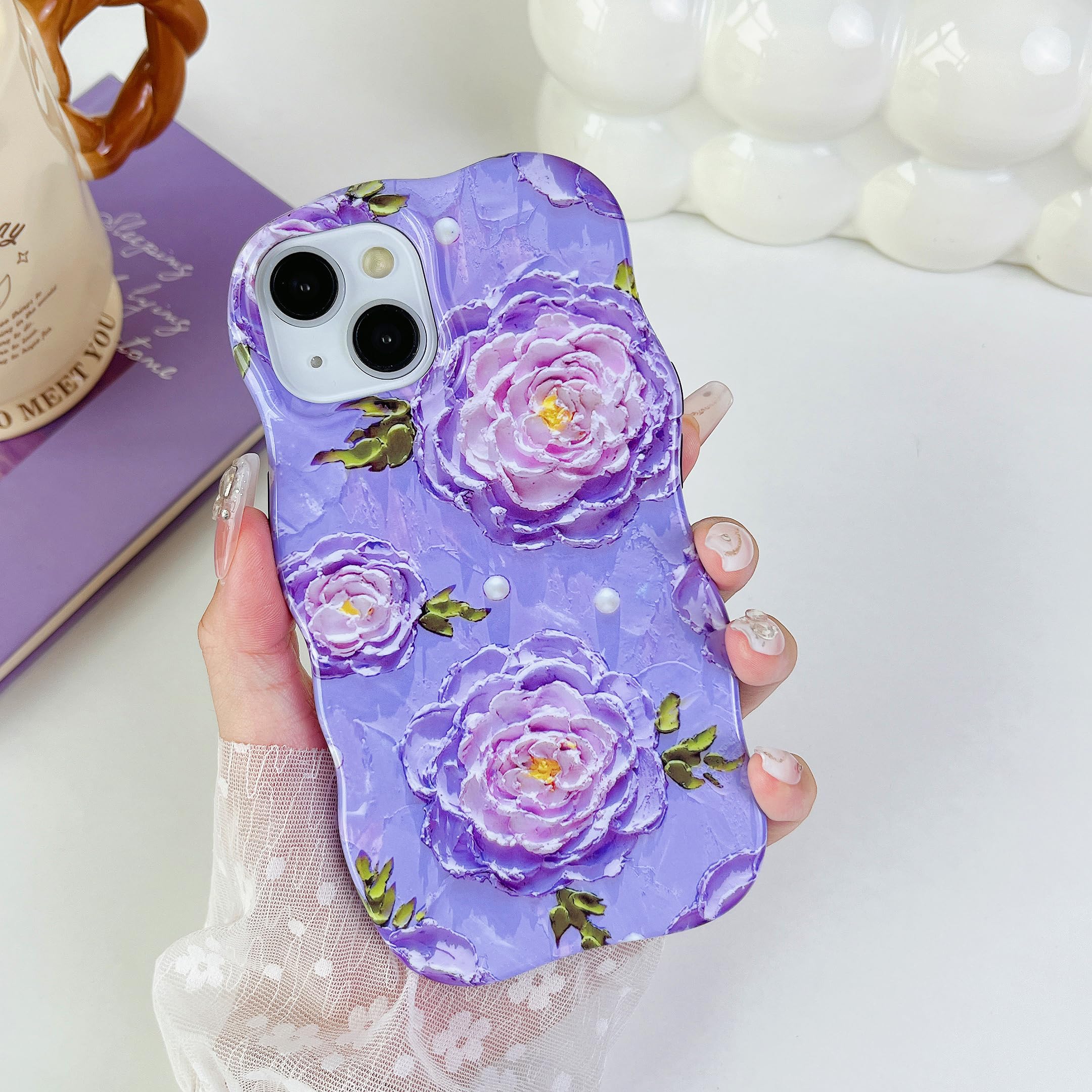 XIZYO Colorful Retro Oil Painting Flower Wavy Case for iPhone 13/14, Hybrid 2-Layer Cute Floral Curly Wave Aesthetic Phone Case, Girls Women Slim Soft TPU Shockproof Cover, Peony/Light Purple