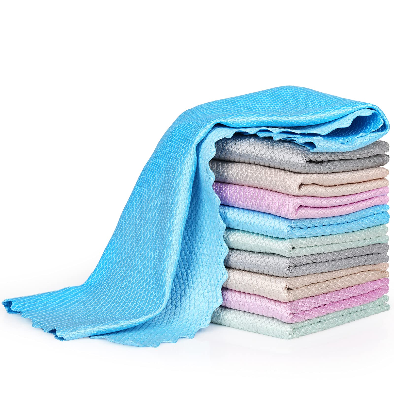 Bigqin 10 Pieces Cleaning Cloth, Fish Scale Microfiber Cloth Surface No Residue Fabric for Kitchen Glass Products Car Window Cleaning, Eco Reusable Towel, Green/Gray/Beige/Sky Blue/Purple