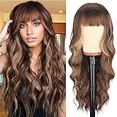 NOSTALGIA Long Brown Wigs with Bangs 26 Inches Curly Wavy Wig for Women Brown Mixed Blonde Highlight Wig Synthetic Wigs for Girls Daily Party Use