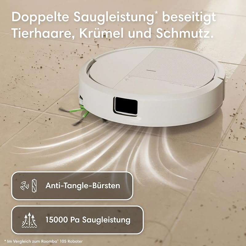 Roomba® 115 Combo Saug- und Wischroboter + AutoEmpty™ Dock, 15k Pa Saugleistung, Bürsten und Wischpad reichen, Navigation mit Clearview™ LiDAR, Weiß