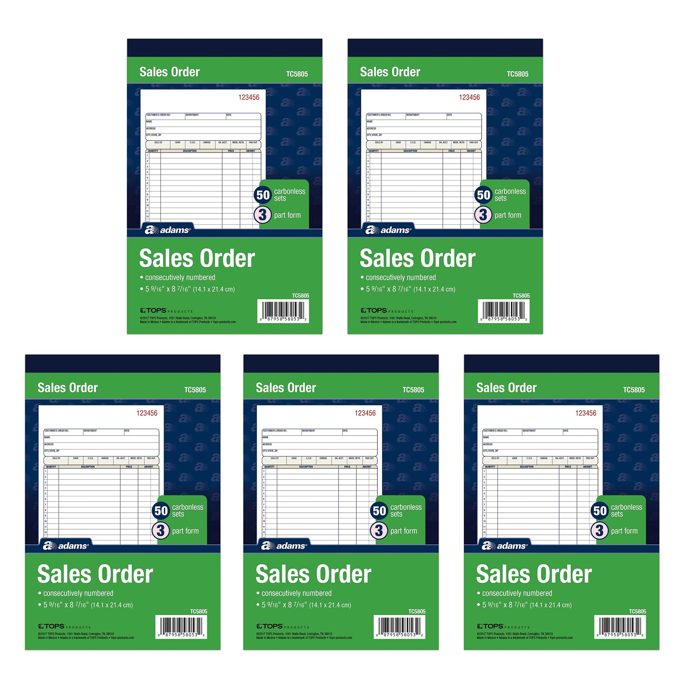 Photo 1 of Adams Sales Order Book, 3-Part, Carbonless, White/Canary/Pink, 5-9/16" x 8-7/16", Bound Wraparound Cover, 50 Sets per Book, 5 Books, 250 Sets Total (TC5805)