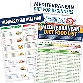 Set 3 Mediterranean Diet Chart Food List 2026, Meal Planner & 28 Easy Recipes for Beginners, Laminated Mediterranean Diet Chart for Type 1 2