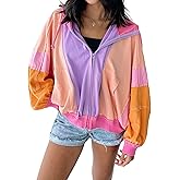 utcoco Women's 2025 Fall Zip Up Color Block Lightweight Jacket Casual Patchwork Oversized Hoodies Jackets Outwear