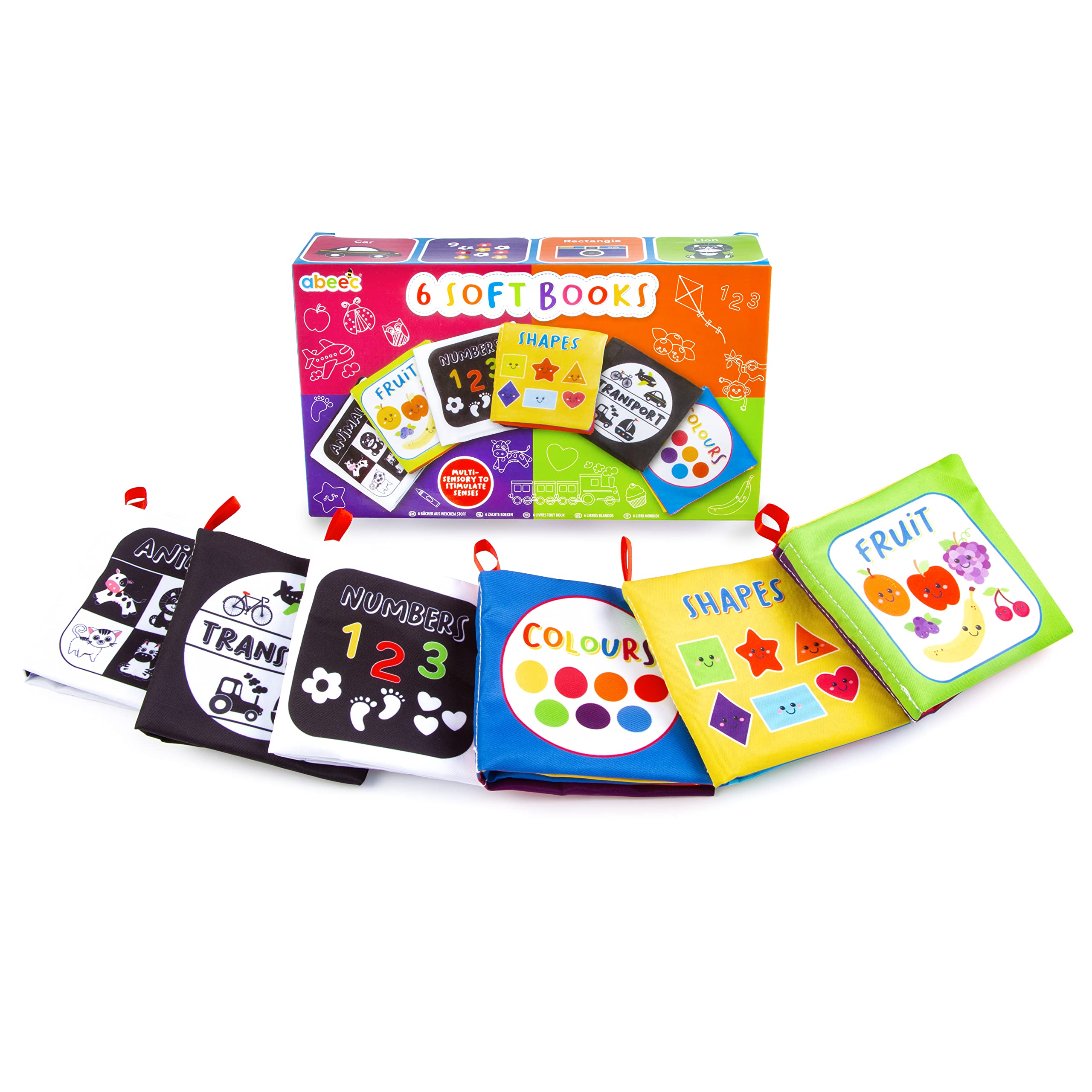 abeec Soft Books for Babies - Cloth Baby Books 0-6 Months - Sensory Book Set of 6 - Black and White & Colorful Touch and Feel Books - Newborn Gifts