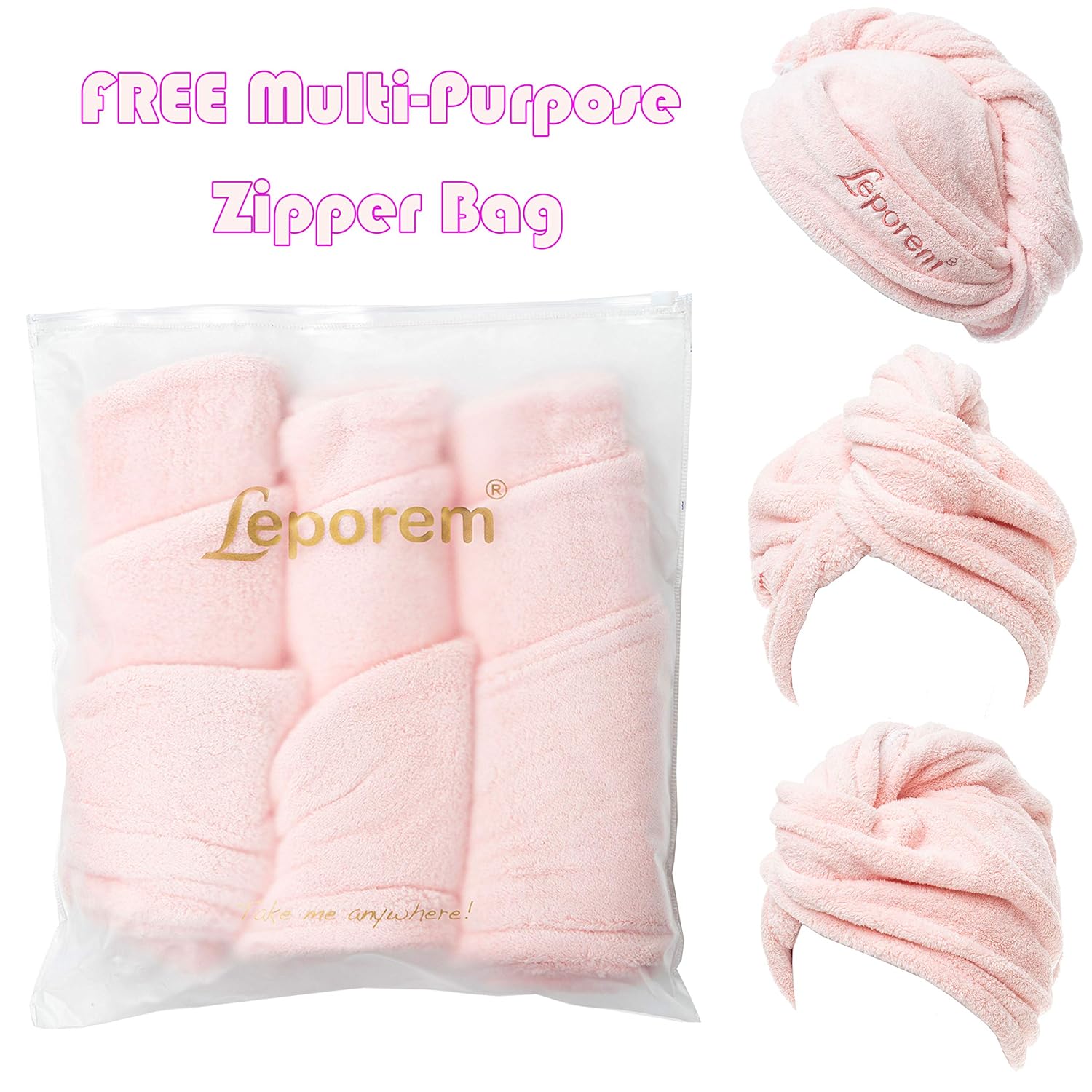 3 Pack Hair Towel - LARGE 10” X 26” Premium Microfiber Hair Towel Wrap, Super Absorbent & Quick Drying Hair Towel Turban for Dry, Curly, Long & Thick Hair, Large Beautiful Hair Wrap Towel (Pale Pink): Home & Kitchen