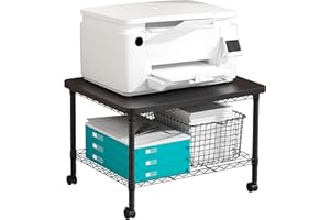 Howzone Printer Stand with Locking Wheels, Adjustable Heights 3 Tier Under Desk Table, Rolling Printer Cart Storage Paper Files Holder for Desk, Office, Home, Black