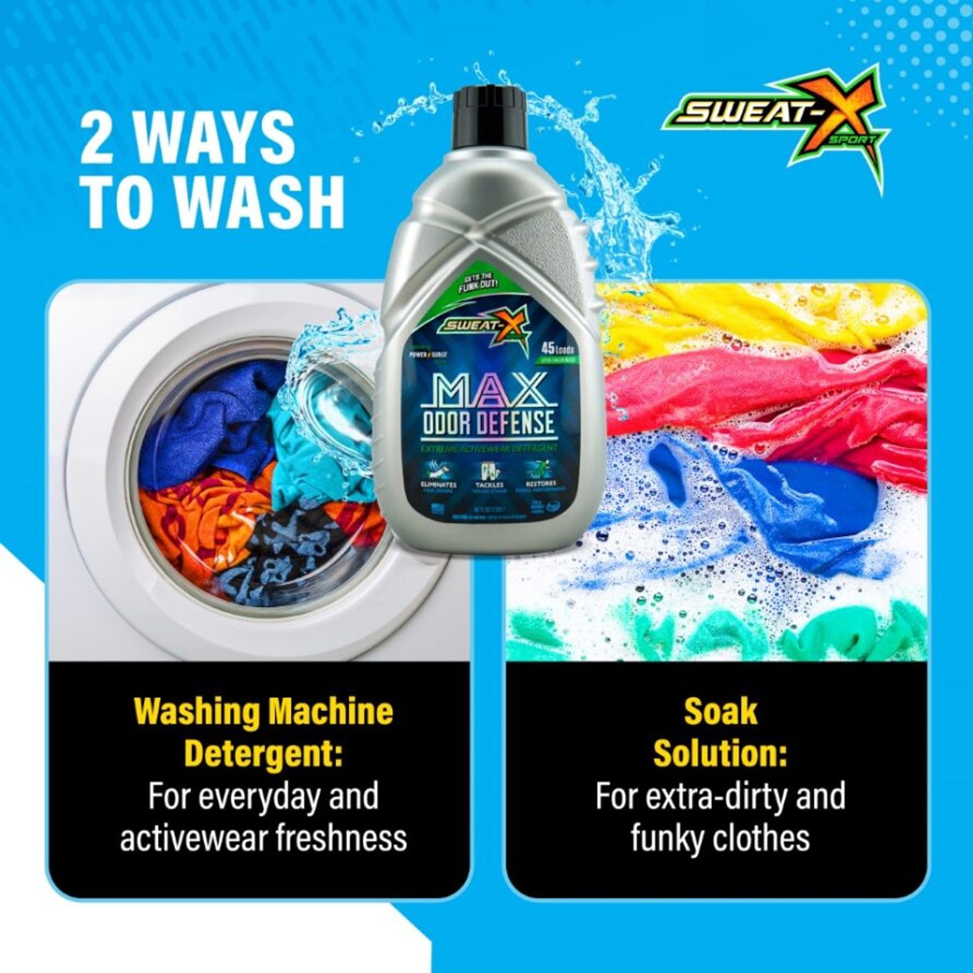 Sweat X Max Odor Defense Laundry Detergent – Remove the Worst Odors & Toughest Stains – High Performance Sports Wash for Training Gear & All Fabric Types – 45 Loads – 1 Pack