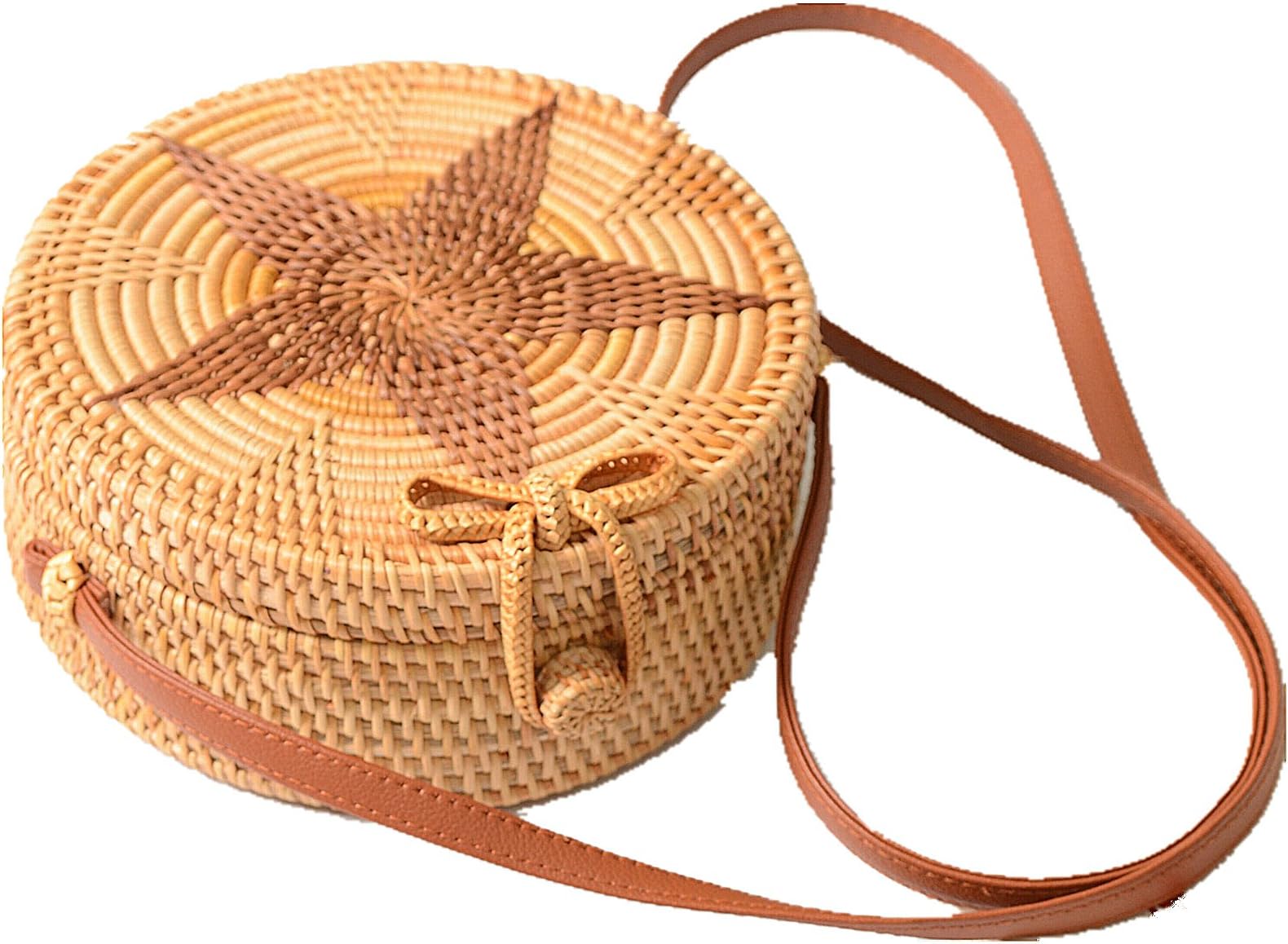 Women Round Weave Wicker Straw Woven Rattan Basket Bag Leather Style Strap Summer Beach Shoulder Bag VTG (Dark Star, m)