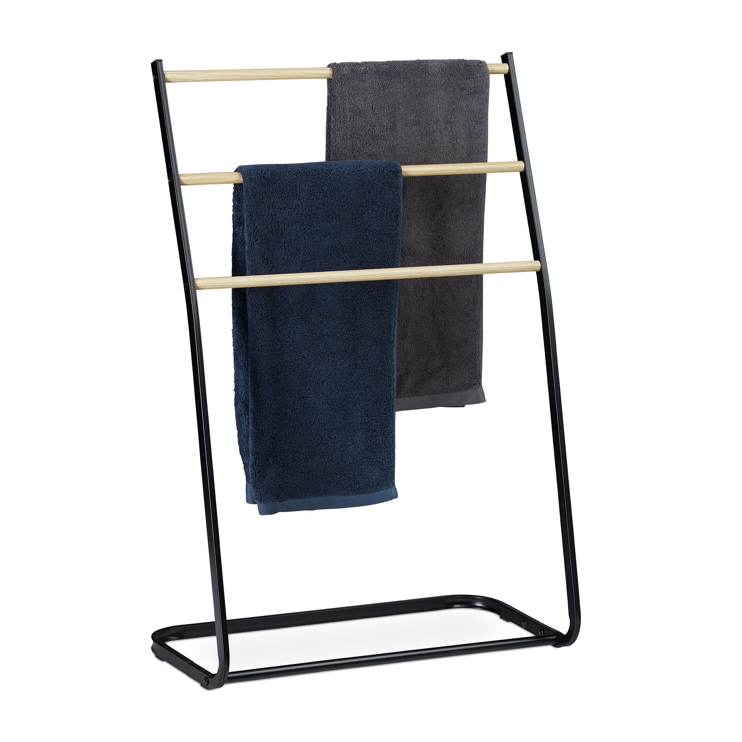 Relaxdays Standing Towel Holder, Metal, 3 Rails with Wooden Look, Clothes Valet, HxWxD 86x58x30 cm, Black