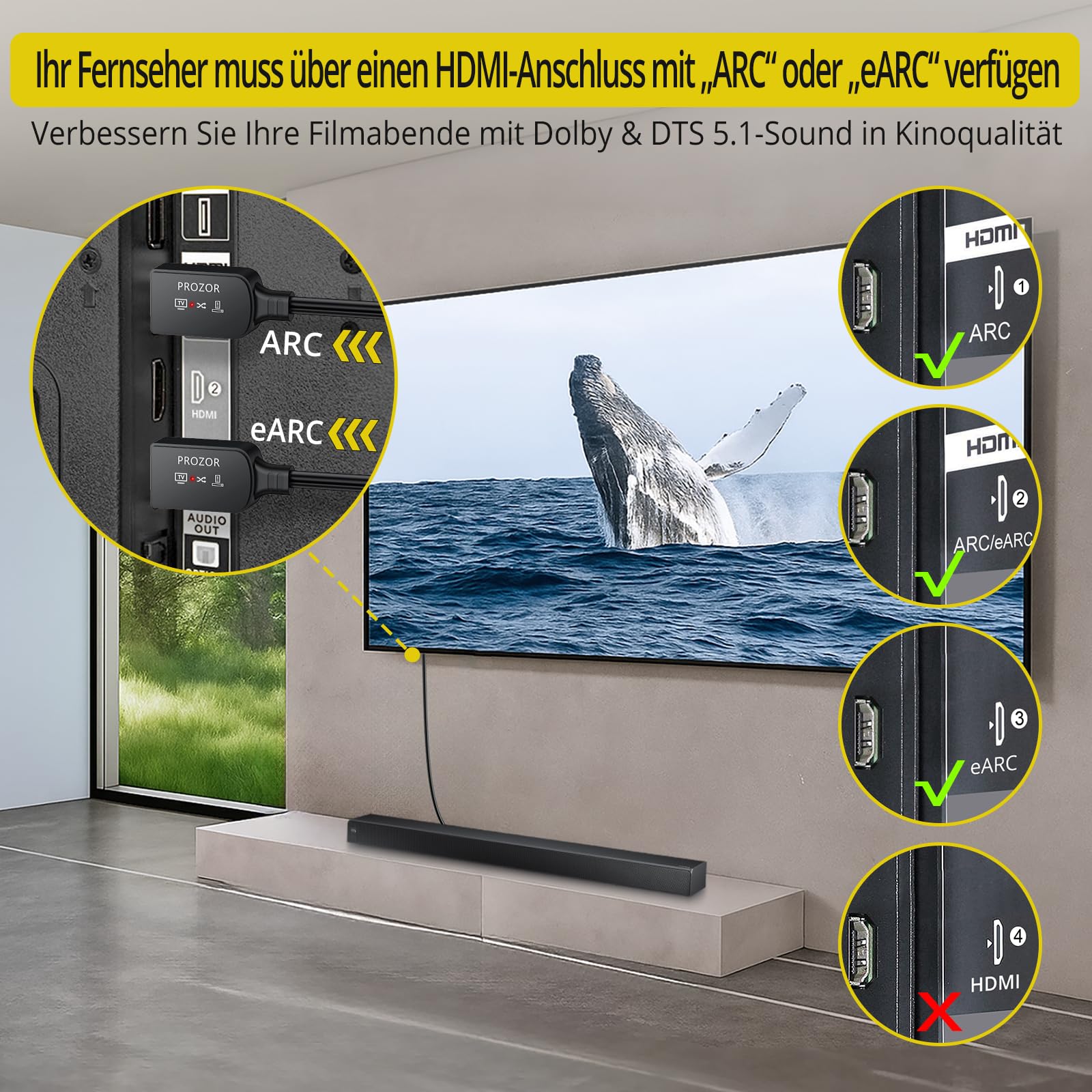 PROZOR HDMI eARC/ARC zu Optischer Adapter eARC/ARC zu Optisch Konvertierungskabel 192KHz/24bit (1.5M/5ft) für Soundbars, HDTV,kabellose Kopfhörer,Heimkinosysteme,Unterstützt PCM 2.0, Dolby Digital 2