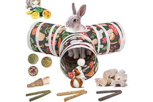 Mechpia Rabbit Toys, Bunny Tunnels and Tubes with Chew Toys for Grinding Teeth Bamboo Carrot Loofah and Grass Ball for Rabbit Guinea Pig Chinchilla Ferret Rat