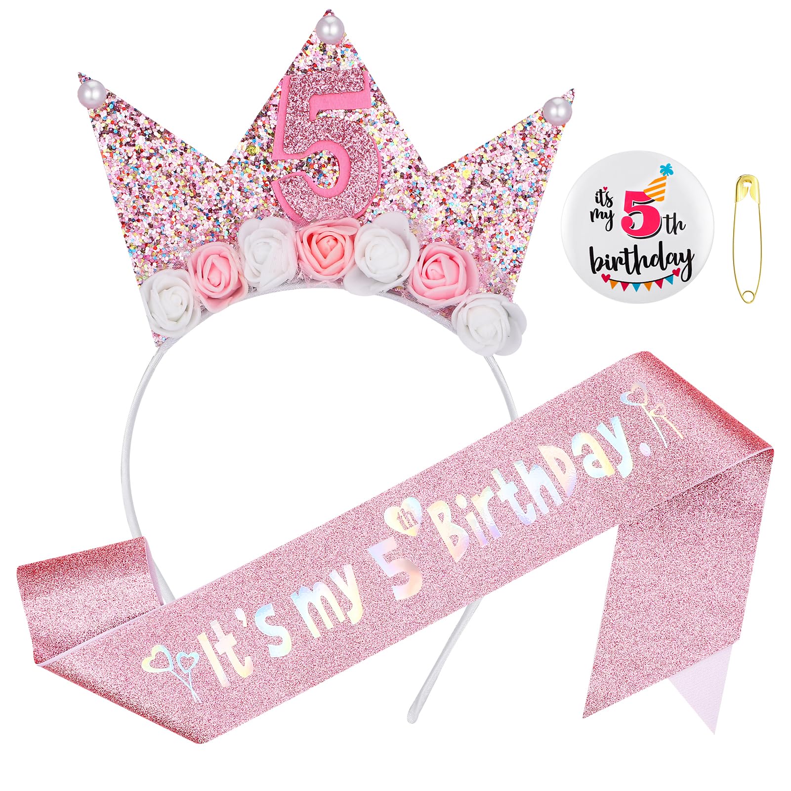GSrenyu 5th Birthday Decorations for Girls,Headband Glitter Sash and Badge Set for 5 Year Old Girls Birthday Decorations,Flower Princess Crown Headband โ image 1