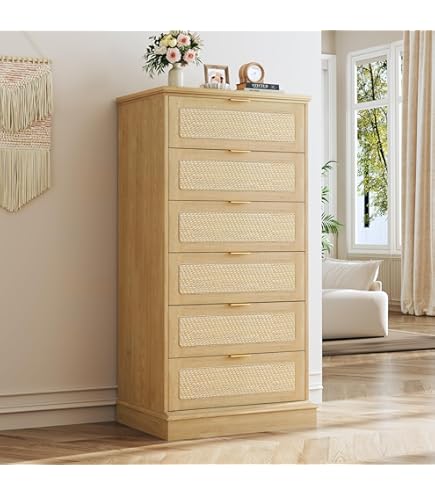 HUAHUU 6 Drawer Dresser for Bedroom, 50 Inch Tall Dressers & Rattan Chest of Drawers, Boho Style, Wood Modern Dressers Organizer for Bedroom, Living Room, Hallway, Entryway, Oak : Home & Kitchen