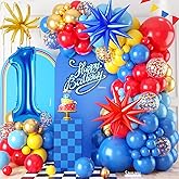 Red Yellow Blue Balloon Garland Arch Kit with Navy Blue 40 Inch Number 1 Balloon, 1st Birthday Decorations for Boy with Star Foil Balloons for 1 Year Old Theme Party Baby Shower Graduation