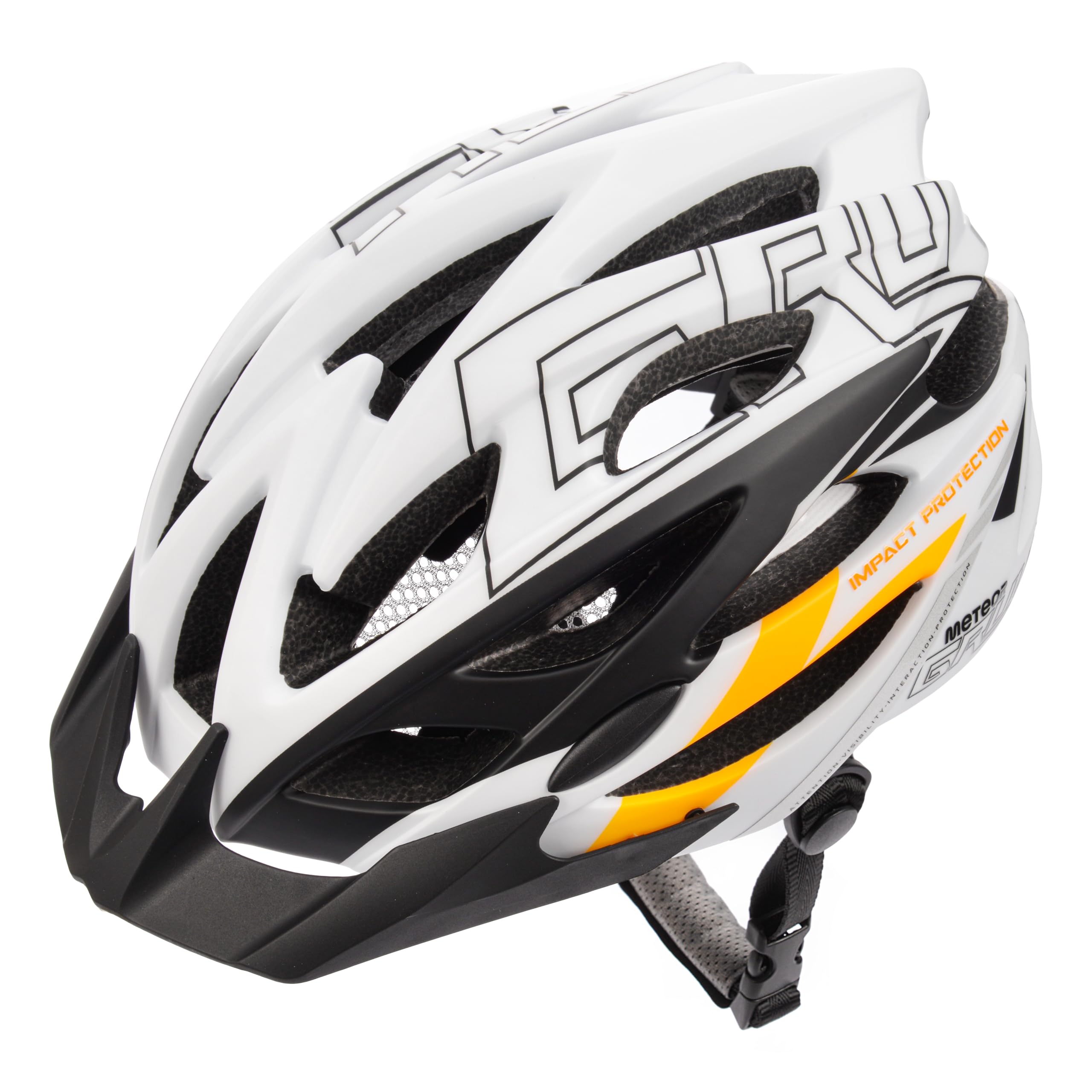 Meteor GRUVER Cycle Helmet – Lightweight Adjustable Helmet for Men, Women, Kids – MTB, Bike, Skateboard, Scooter & Hoverboard – Detachable Visor - M (55-58 cm, 21.6-22.8 inch) - White/Black/Orange