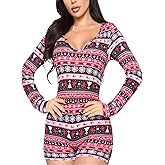 Springcmy Women Christmas V-Neck Shorts Jumpsuit One Piece Bodysuit Pajama Long Sleeve Bodycon Rompers Overall Sleepwear