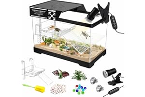 GOZILLA Mini Aquatic Turtle Tank Kit with Adjustable Lamp,PC Turtle Tank Starter Kit,Small Hermit Crab Tanks with Lid, Hanging Platform for Baby Turtles,Crabs,Fish.(11.8×7.24×7.1''/Black Kit)