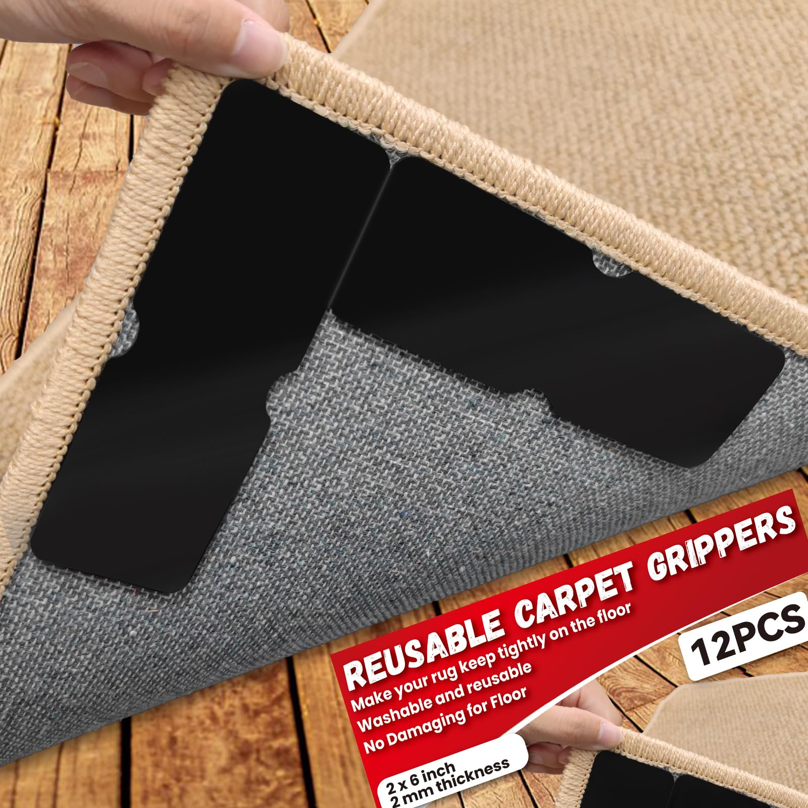 Photo 1 of Urdar Brunnr Rug Carpet Non Slip Grippers, Reusable Rug Tape Pads, Strong Adhesive Carpet Grippers for Area Rugs, Keep Corners Flat, No Damaging for Floor Removable, 12Pcs