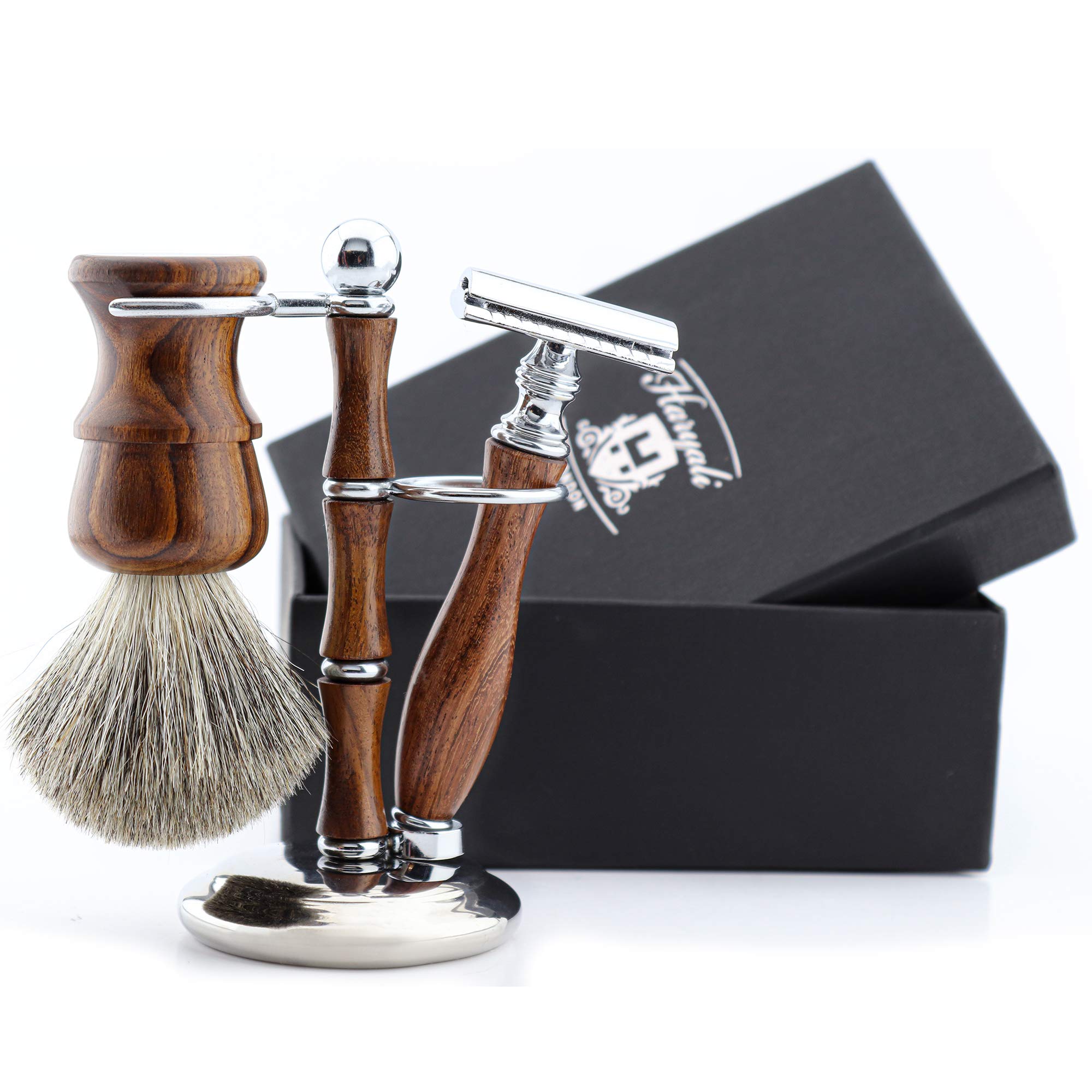 Haryali London Wooden Shaving Kit for Men – 3 Pcs Double Edge Safety Razor Set with Pure Badger Hair Brush & Shaving Stand – Mens Grooming Kit Wet Shaving Gift Set.