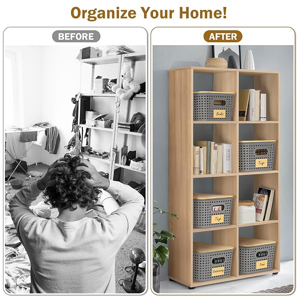 STACKABLE STORAGE BASKET: PLASTIC BASKETS BINS, BASKETS FOR ORGANIZING, PANTRY DECORATIVE CONTAINERS FOR CLOSETS, CABINETS, SHELVES(8 PACK, GREY)
