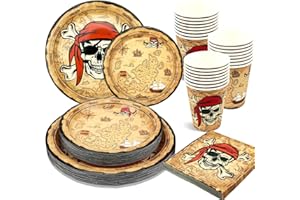 100 Pcs Pirate Party Decorations Pirate Tableware Set Includes Plates Napkins Cups for Kids Boys Birthday Treasure Party Deco