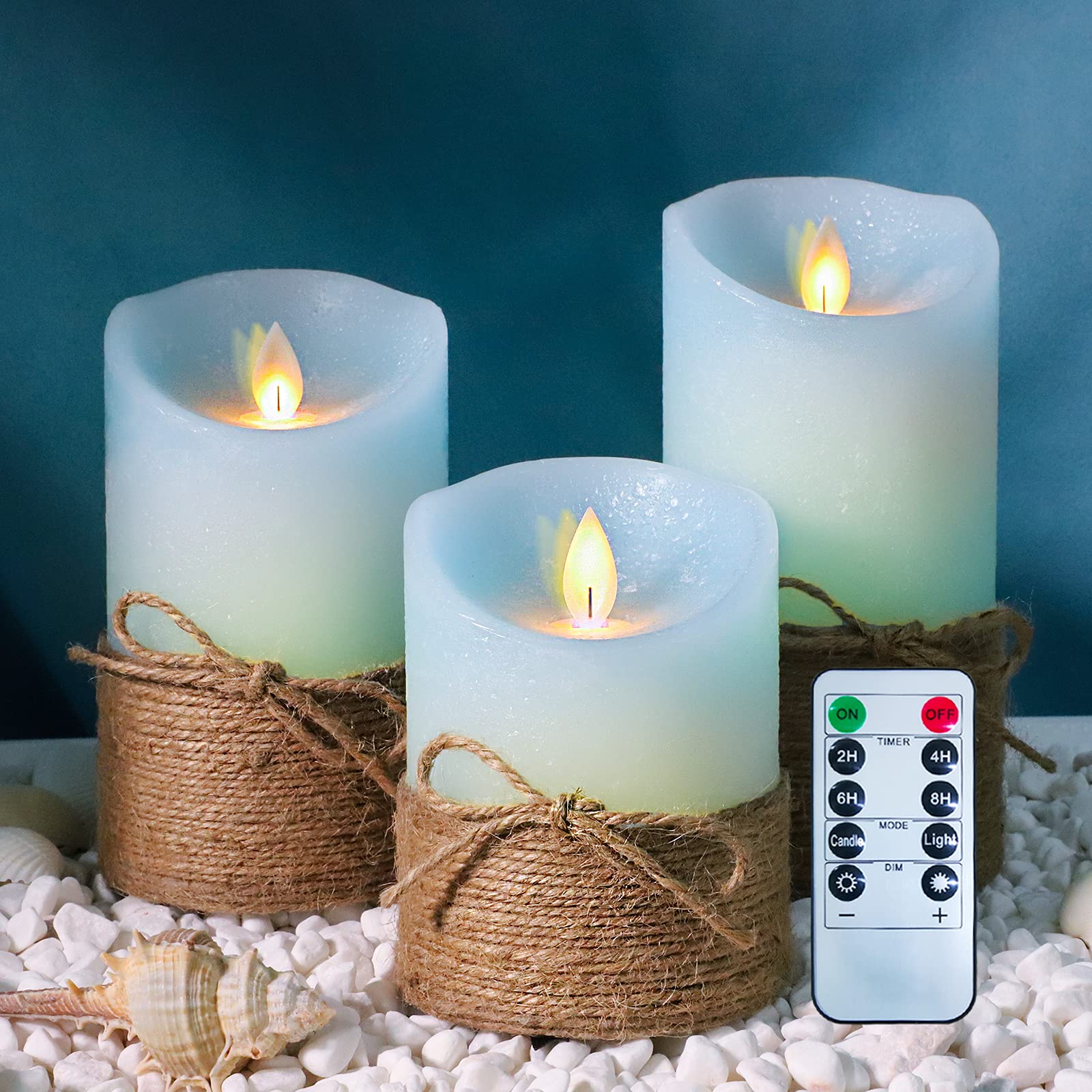 Photo 1 of PETRISTRIKE Ocean Blue Flameless Candles, Nautical Themed Led Pillar Candles with Remote & Timer, Decorative Flickering Candles for Gifts, Party, Wedding, Home Decorations - Set of 3