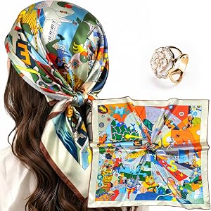 Barry.Wang Head Scarf for Women Like Silk Bandana and Floral Ring Clip 2PCS | Satin Neck scarf,Lightweight Fashion Headscarve