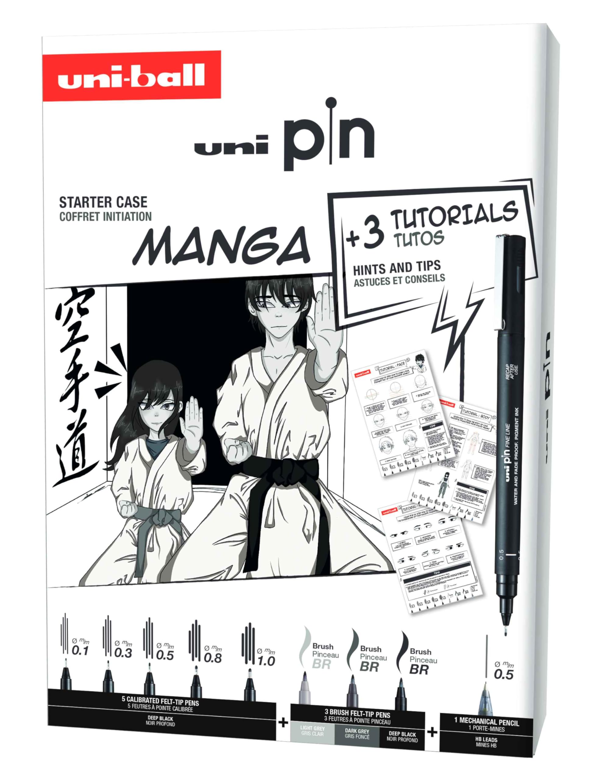 uni-ball PIN Black Ink Felt Tip Pen Fineliners. Manga Starter Set. Includes 3 Fineliners, 5 Brush Tips, 1 Mechanical Pencil. Water and Fade Resistant Ink for Sketching, Calligraphy, Technical Drawing — image 1