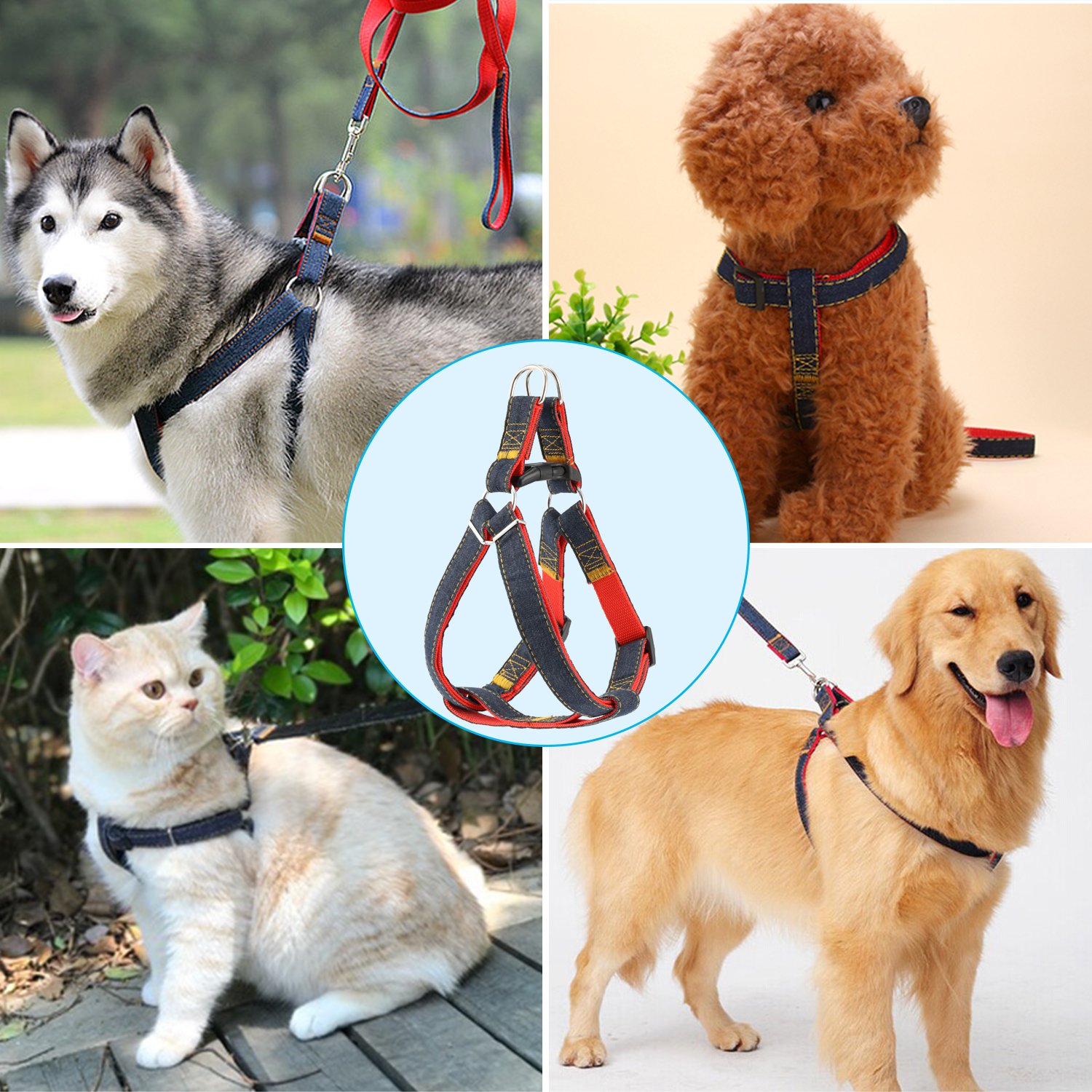 Dog Harness 2 Pcs, Magicfly Dog Leash Harness & Dog Car Seatbelt Harness Set Denim Dog Leash Collar for Small, Medium and Large Dog, Adjustable Dog Leash Harness with handle for Daily Training Walking