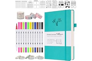 OFFIGIFT Bullet Dotted Journal Kit, 140gsm Hardcover A5 Dotted Journal with 188 Numbered Pages and 3 Index, 12 Brush Pens Dual Tip, 10 Stencils and 14 Washi Tape for Women Men Teen Girls, Teal