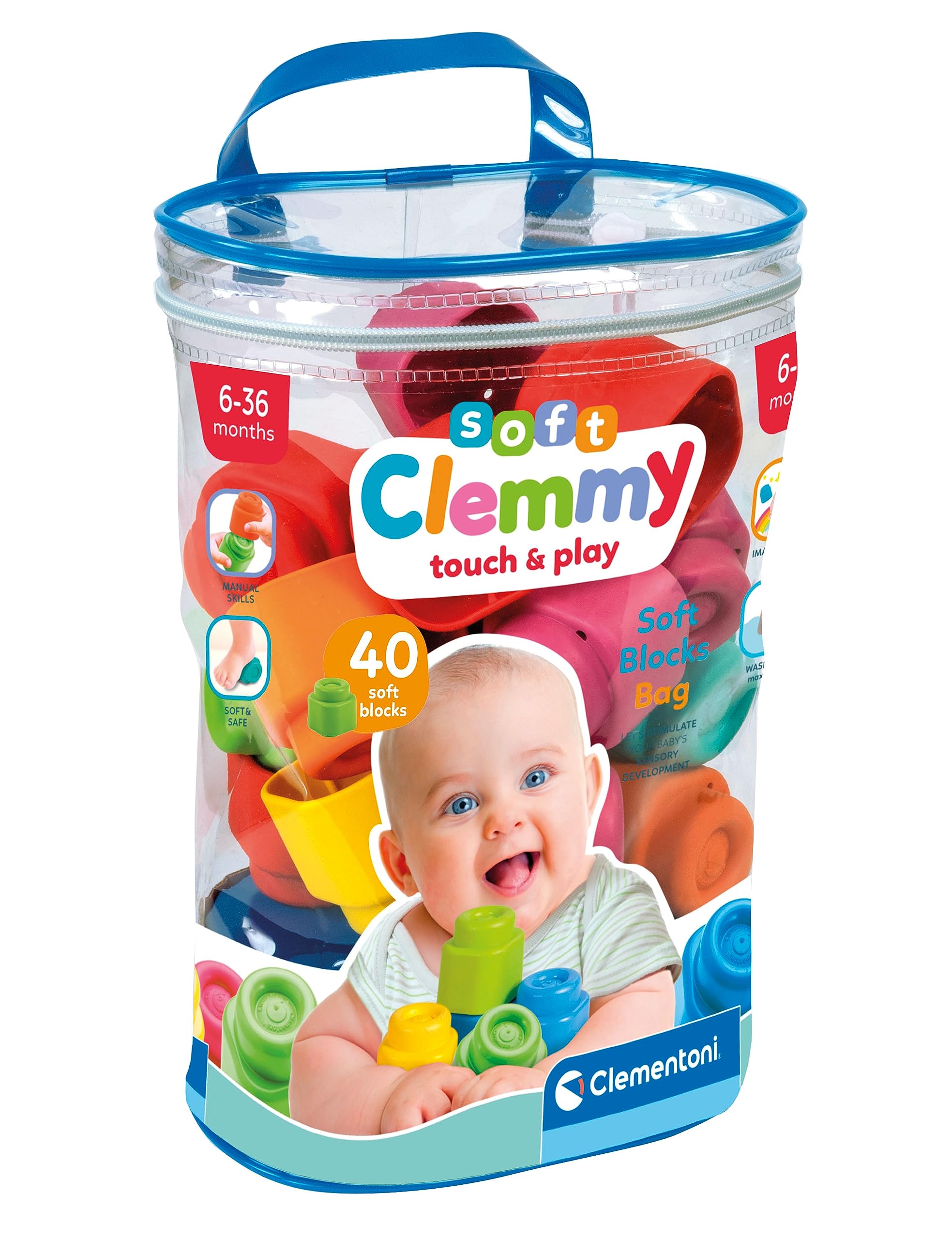 Clementoni Baby Soft Blocks - Clemmy Bag 40 Pieces - Soft Building Blocks, Clemmy Blocks for Kids 6 Months, Bricks Washable, Construction Set, Development & Activity Toy, Made In Italy, 17878