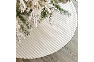 BUNNY CHORUS Faux Fur Christmas Tree Skirt: 36 Inch White Plush Faux Fur Christmas Tree Skirt with Stripe Textured Pattern, Soft Christmas Tree Decorations for Merry Christmas Home Décor Xmas Party Gifts