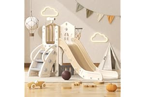 YUFU 5 in 1 Toddler Slide, Kids Slide with Climber, Basketball Hoop and Ball, Outdoor Indoor Playset for Toddlers Age 1-3 (Beige+Coffee)