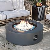 UPHA 42-inch Outdoor Propane Gas Fire Pit Table, Grey | 50000 BTU Iron Round Firepit with Tank Hidden Table, Wind Guard, Removable Lid, Blue Glass Rocks, Rain Cover