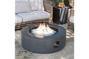 UPHA 42-inch Outdoor Propane Gas Fire Pit Table 50000 BTU Iron Round Firepit for Outside Patio with Tank Hidden Table, Wind Guard, Removable Lid, Blue Glass Rocks, Rain Cover, Dark Grey