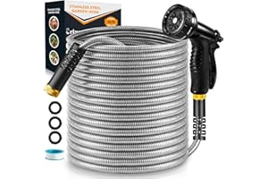 CRIXNY Garden Hose 50 FT, Stainless Steel Heavy Duty Water Hose With 10 Function Nozzles, Flexible No-Kink, Pet-Proof, Puncture-Proof Rust-Proof for Yard, Outdoors