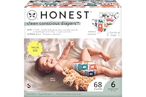 The Honest Company Clean Conscious Diapers for Sensitive Skin | Hypoallergenic, Fragrance Free | Gender Neutral Prints | Super Club Box, Size 6 (35+ lbs), 68 Count (Prints May Temporarily Vary)