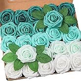 Jdsour 25pcs Artificial Flower，Real Looking Foam Roses w/Stem for DIY Wedding Bouquets Centerpieces Bridal Shower Party Decor-Shades of Teal Green