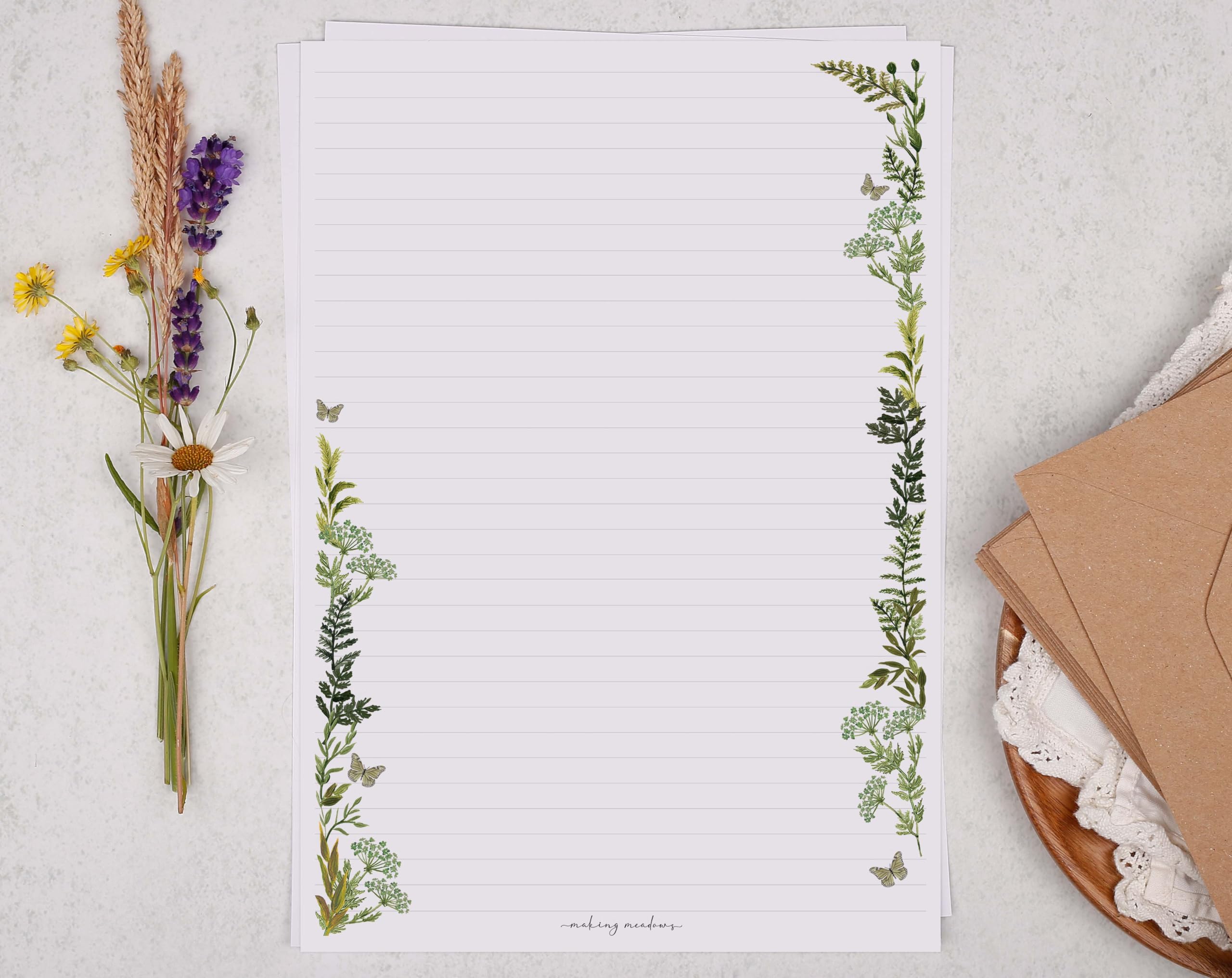 Making Meadows A4 Luxury Writing Paper Set Botanic Design (20 Sheets & 10 Envelopes), Perfect for Letter Writing, Lined Writing Paper and Envelopes