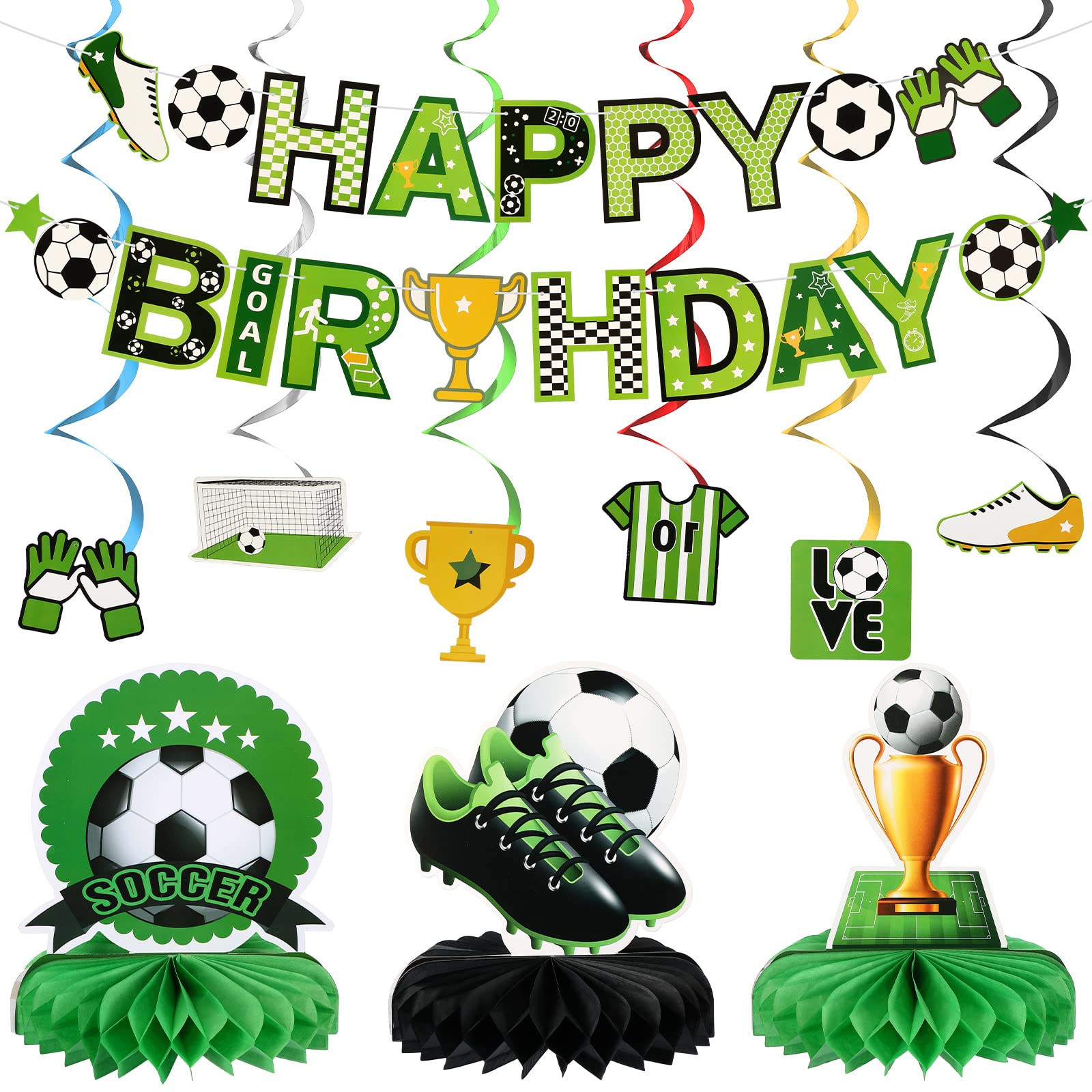 Photo 1 of Hanaive 16 Pcs Soccer Birthday Party Decorations Include Soccer Happy Birthday Banner, Table Centerpieces, Paper Cutouts, Hanging Swirl for Boys Sports Football Party Decor