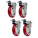 Caster Wheels Swivel Plate w/ Brake Casters On Red Polyurethane Wheels (5 inch with Brake)