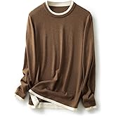 Ciovkis Women's Merino Wool Blend Sweater Fall Winter Fake Two Piece Color Block Shirt Crewneck Long Sleeve Knit Pullover