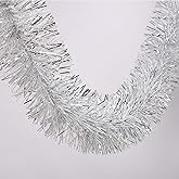 25 ft Long Roll Silver & White Tinsel Twist Garland, Shiny Metallic Foil Decorations for Halloween, Parade Floats, Christmas Eve, New Year Parties (4" x 25' roll, Silver & White)