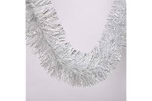 BLUKEY 25 ft Long Roll Silver & White Tinsel Twist Garland, Shiny Metallic Foil Decorations for Halloween, Parade Floats, Christmas Eve, New Year Parties (4" x 25' roll, Silver & White)