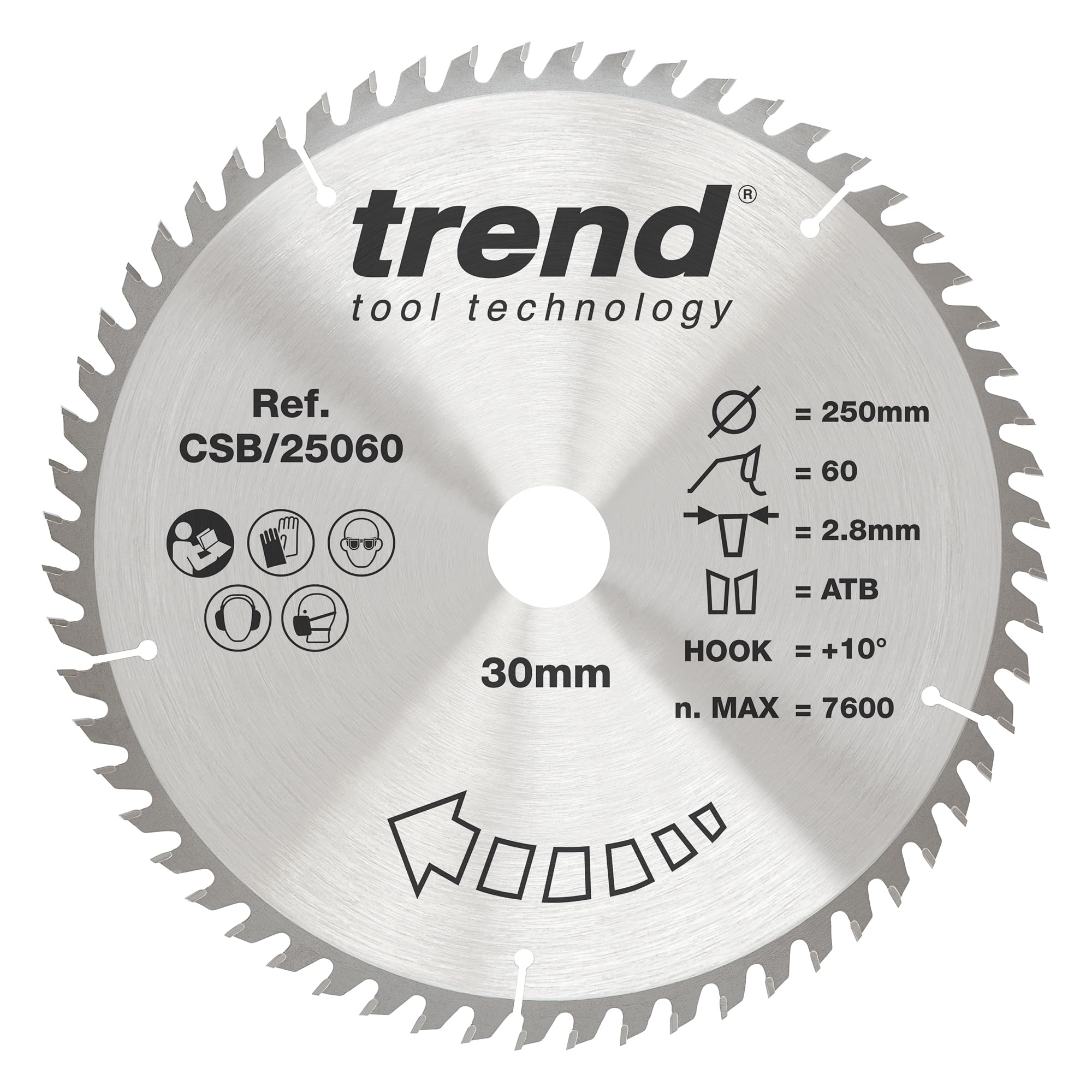 Trend Wood Circular Saw Blade, 250mm Diameter, 30mm Bore, 60 Teeth, 2.8mm Kerf, +10ยฐ Hook, TCT, Fine Finish, CSB/25060 โ image 1