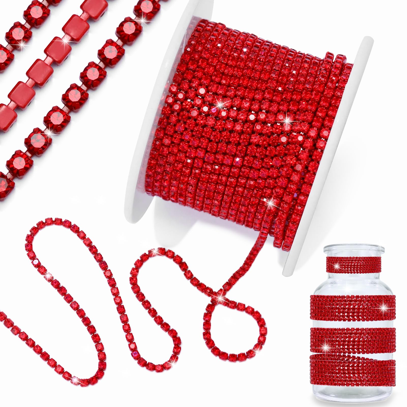 Towenm 1 Roll 10 Yards Rhinestone Chain Roll, 2mm Crystal Rhinestones Close Cup Chain, Sew on Claw Chain (Siam/Red, SS6 / 2mm)