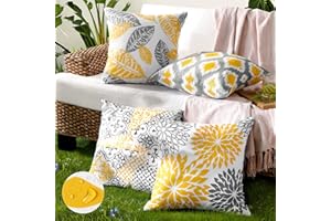 Phantoscope Set of 4 Outdoor Waterproof Throw Pillow Covers New Living Series Decorative Couch Pillow Case for Patio Tent Garden Cushion Cover Yellow and Grey 18 x 18 inches