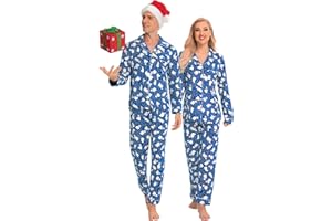 SWOMOG Couples Christmas Pajamas Set Women & Men Long Sleeve Pj Set Party Holiday Sleepwear Button-Down Loungewear Set