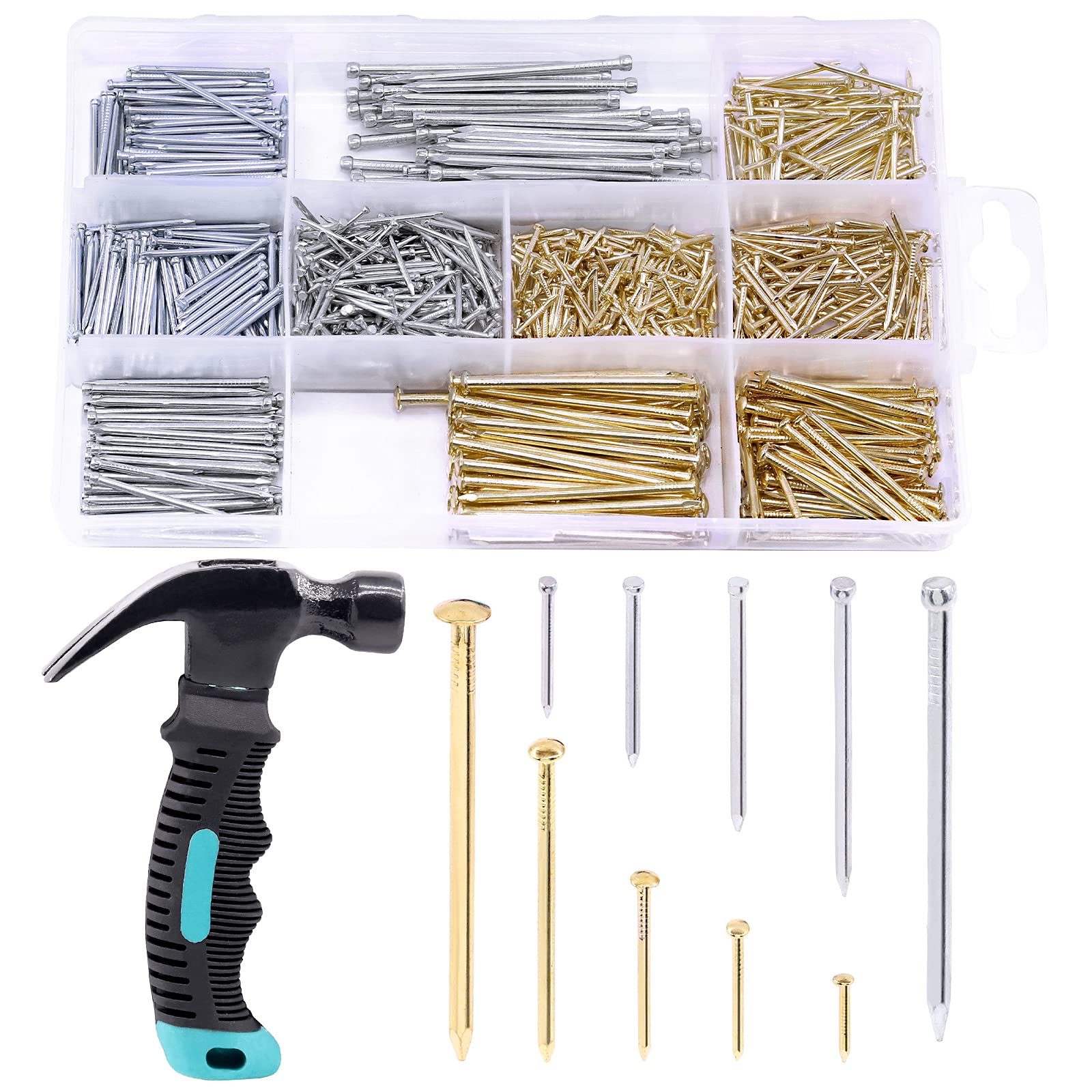 Keadic 1000 Pcs Hardware Kit & Claw Hammer, Heavy Duty Framing Hammer and 8 sizes Galvanized Nails Set for Picture Hanging, Finish Nailing, Wall Mounting