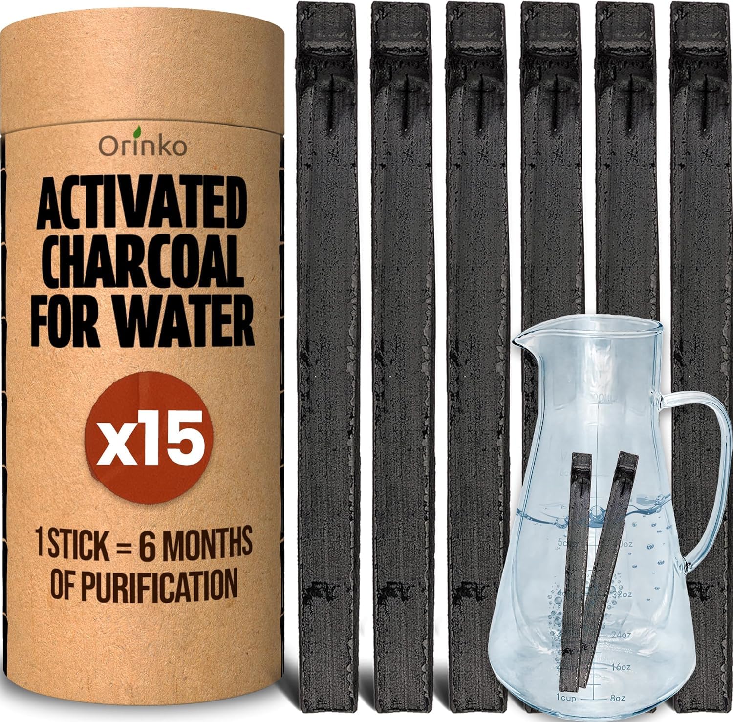 ORINKO® Charcoal Water Filter Sticks x15 – Natural Takesumi Activated Carbon for Water Purification – Sustainable Binchotan Bamboo Filter Kit for Pitchers & Tap Water